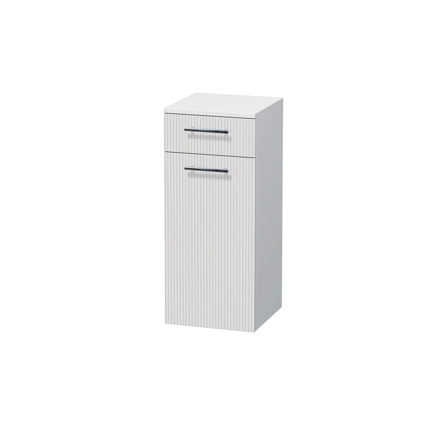 E-shop INTEDOOR Nízka skriňa BEE, úchyt chróm, 1 zásuvka, kôš, š. 35cm, biela 3D pruhy