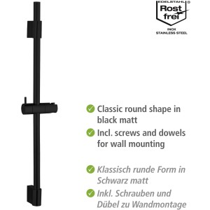 Wenko Classic čierna sprchová tyč, 70 cm, z nehrdzavejúcej ocele s nastaviteľným držiakom sprchovej hlavice.
