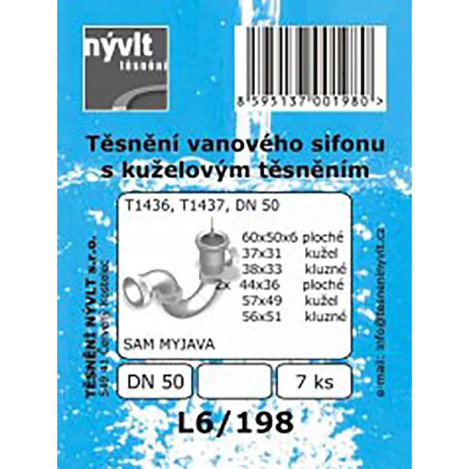 E-shop Súprava tesnení vaňového sifónu s kuželovým tesnením T1436, T1437, DN50, 7 ks