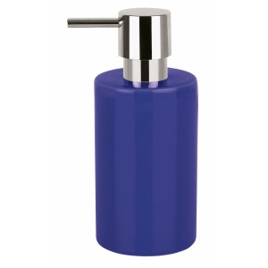 Dávkovač mydla Spirella Tube Stoneware Navy, modrý kúpeľňový doplnok s chrómovou pumpičkou.