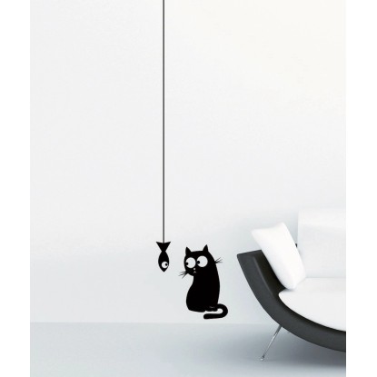 Crearreda Samolepiace dekorácie, mačka s rybou, 2 hárky, 15 x 31 cm