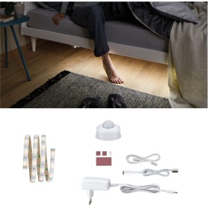 Paulmann LED pásik Night Comfort Set 1m pod posteľou s príslušenstvom ako senzor a napájací zdroj.