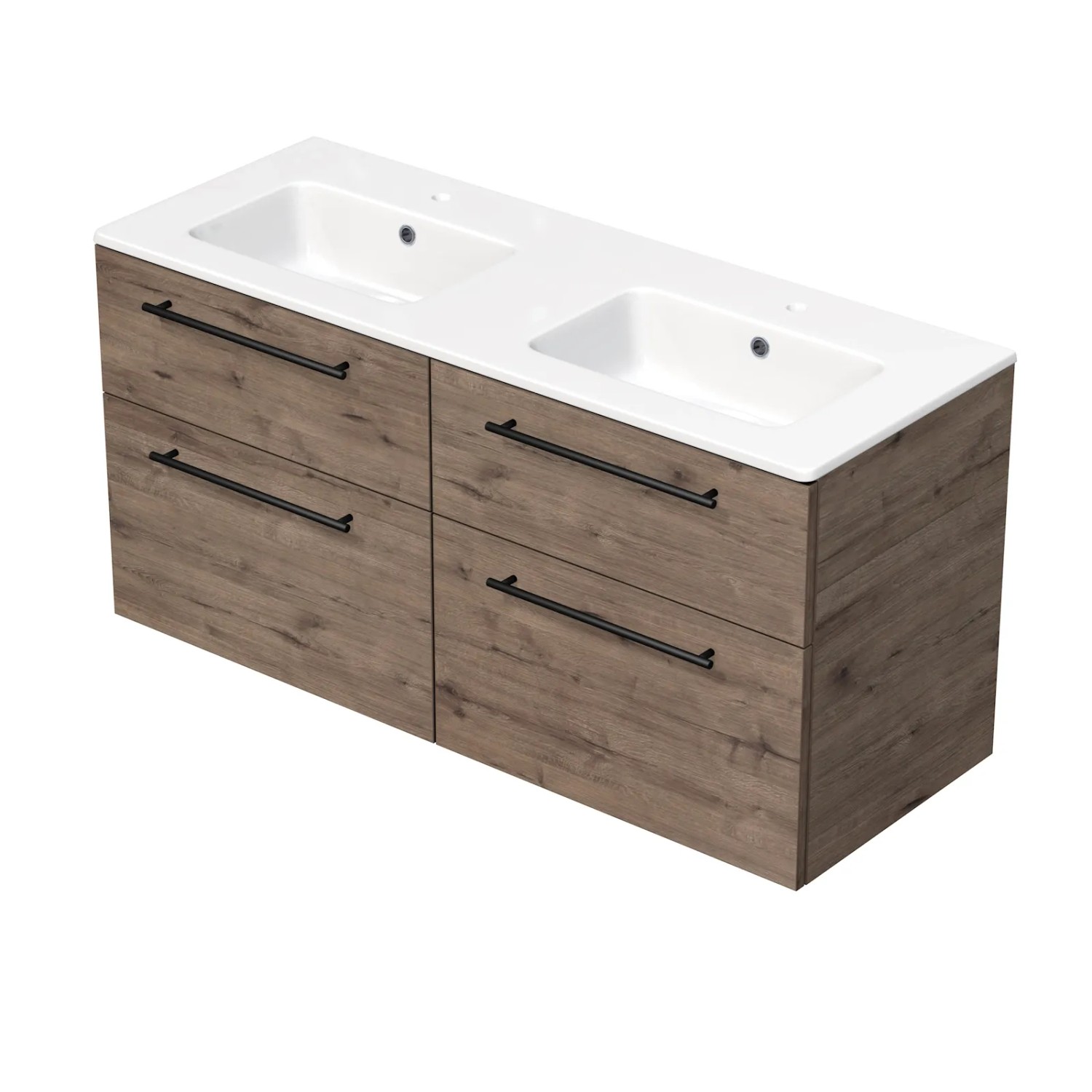E-shop INTEDOOR Kúpeľ.skriňa+dvojumývadlo BEE úchyt čierny, 4zás., š.121cm, dub Welling