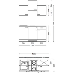 Nákres kuchynského bloku Flex-Well Cara 150 cm v odtieni trstinová zelená/dub artisan s rozmermi.