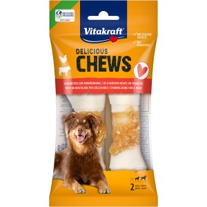 Vitakraft Chews Delicious M, 2 kusy: Psie kosti a žuvacie kosti z hovädzej kože s kuracím mäsom pre stredné a veľké psy.