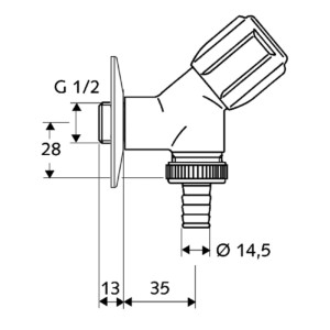 Schell Comfort rohový ventil, Ø 12,7 mm, schematický nákres s rozmermi.