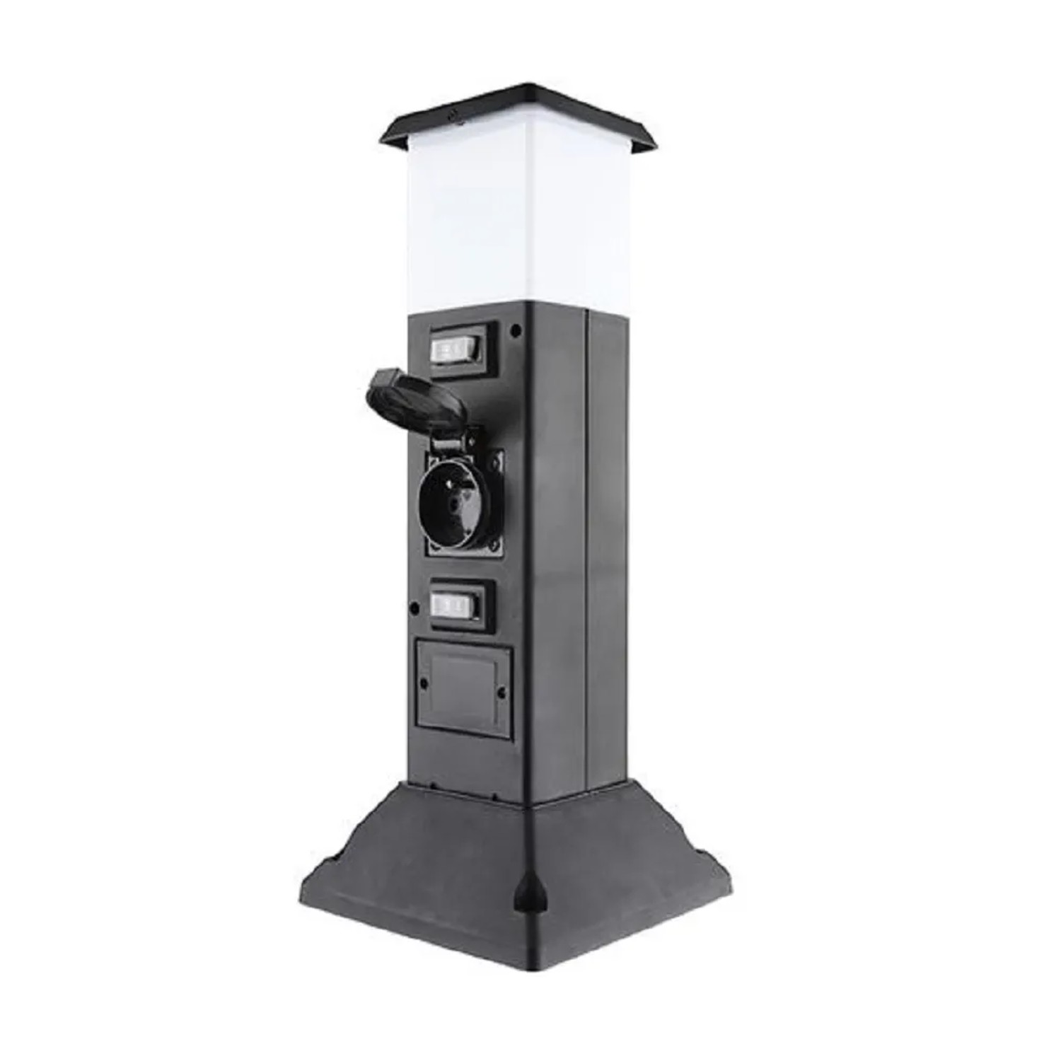 E-shop SOLIGHT Záhradný stĺpik s LED svetlom, 2 zásuvky, hranol, IP44, 8,5x8,5x40 cm