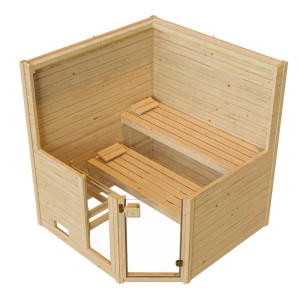 Rohová sauna z masívneho dreva Weka Valida, úsporná súprava 9 kW so sklenenými dverami a oknom. Kompaktná rohová sauna zo smreku s lavicami.