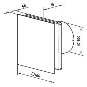 Technický výkres kúpeľňového ventilátora systém Ø 100 mm so skleneným krytom, rozmery 160x160mm.