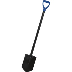 Robustný čierny oceľový rýľ s modrou ergonomickou D-rukoväťou pre záhradné práce.