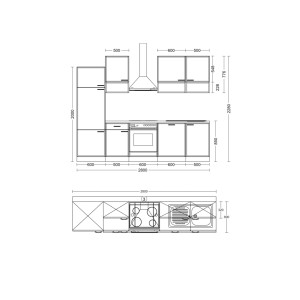 Rozloženie kuchynskej linky Flex-Well Creso 280 cm. Pohľad so skrinkami, rúrou, varnou doskou, drezom a digestorom.
