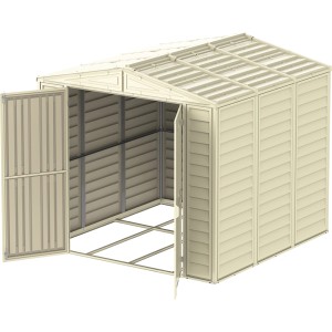 Plastový záhradný domček Duramax DuraMate béžový, 5,8 m², s otvorenými dvojkrídlovými dverami.