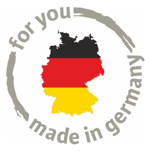 Logo Made in Germany s mapou Nemecka v národných farbách.