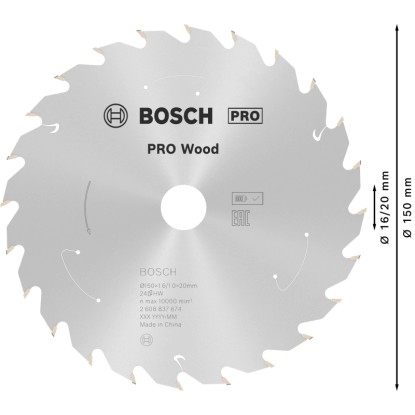 Pílový kotúč Bosch Standard for Wood, 150mm priemer, 24 karbidových zubov pre akumulátorové píly.