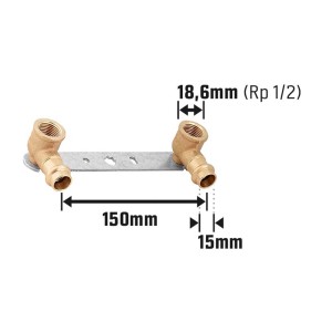 Lisovacia montážna jednotka z červeného bronzu s dvoma 90° lisovacími tvarovkami (15 mm, Rp 1/2) na montážnej lište.