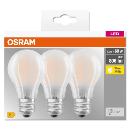 OSRAM LED žiarovka BASE, CLA60, E27, 6,5 W (806 lm), teplá biela, 3 ks