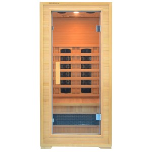 t.b.t. Infračervená sauna s presklenými dverami a dreveným obkladom.