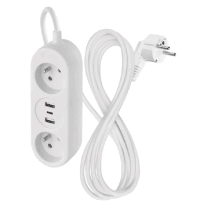 Biela predlžovacia zásuvka t.b.t. s 2 zásuvkami Schuko a 2 portami USB.