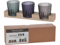 Koopman Svietnik na 3 čajové sviečky - tmavý, sklo/drevo, 23 cm