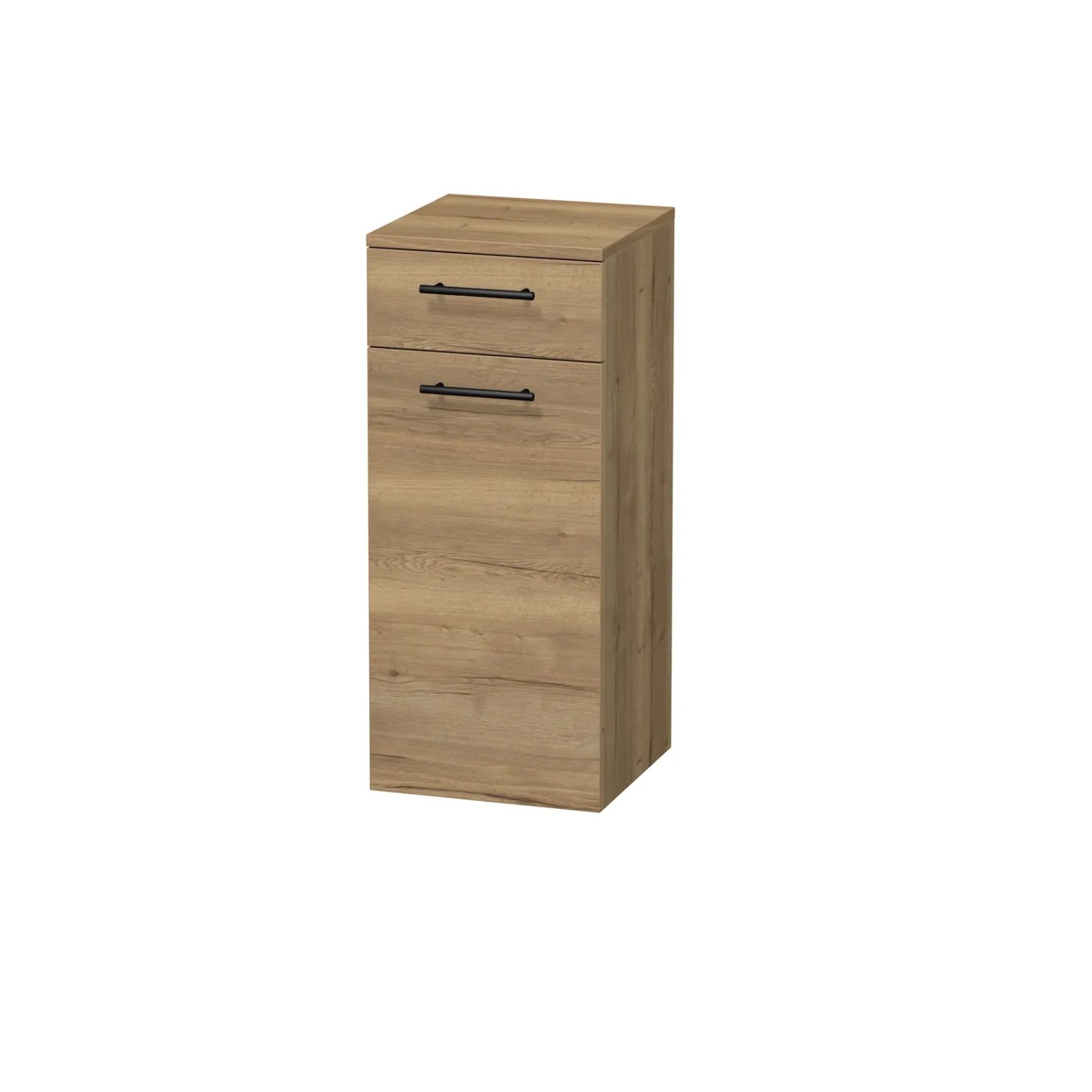 E-shop INTEDOOR Nízka skriňa BEE, úchyt čierny, 1 zásuvka, kôš, š. 35 cm, dub Halifax