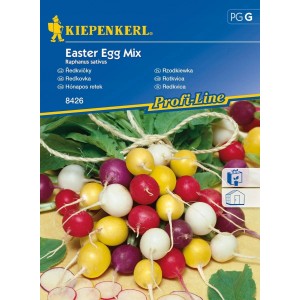 Semená reďkovky 'Easter Egg Mix' od Kiepenkerl: Farebné, okrúhle reďkovky v žltej, červenej, fialovej a bielej farbe.