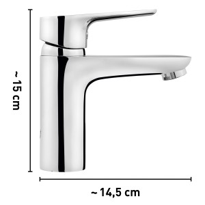 Umývadlová batéria baliv WT-110 chróm, páková s rozmermi.