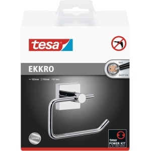 Držiak toaletného papiera Tesa Ekkro, vysoko lesklý chróm, na montáž na stenu bez vŕtania.