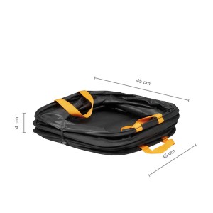 Zložený čierny záhradný odpadkový vak Fiskars Ergo Pop Up (73 l) s oranžovými držadlami.