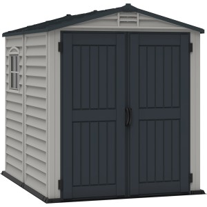 Duramax StoreMate Plus plastový záhradný domček, 3,6 m², sivý s dvojkrídlovými dverami a oknom.