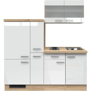 Kuchynská linka Flex-Well Valero, 190 cm, biely lesk/dub Sonoma, s elektrospotrebičmi.
