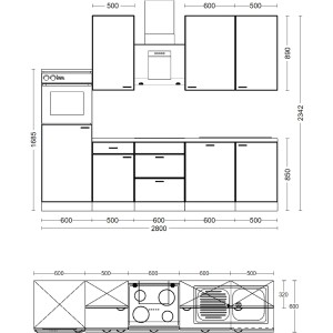 Nákres kuchynskej linky Flex-Well Exclusiv Valero 280 cm v bielom lesku/dub Sonoma s rozmermi.