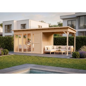 Bertilo Elementgartenhaus Pentus 3 Office Lounge drevený záhradný domček s posedením a jedálenským stolom v záhrade.
