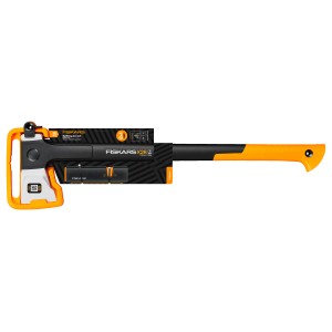 Štiepacia sekera Fiskars X26 s oranžovou rukoväťou a čiernou hlavou.