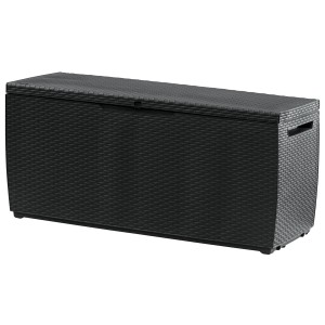 Čierny úložný box Keter Capri 305 l s ratanovým vzhľadom pre záhradu a terasu.
