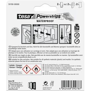 Tesa Vodoodolné lepiace háčiky, 2 ks nerezovej ocele s Powerstrips do kúpeľne a kuchyne.