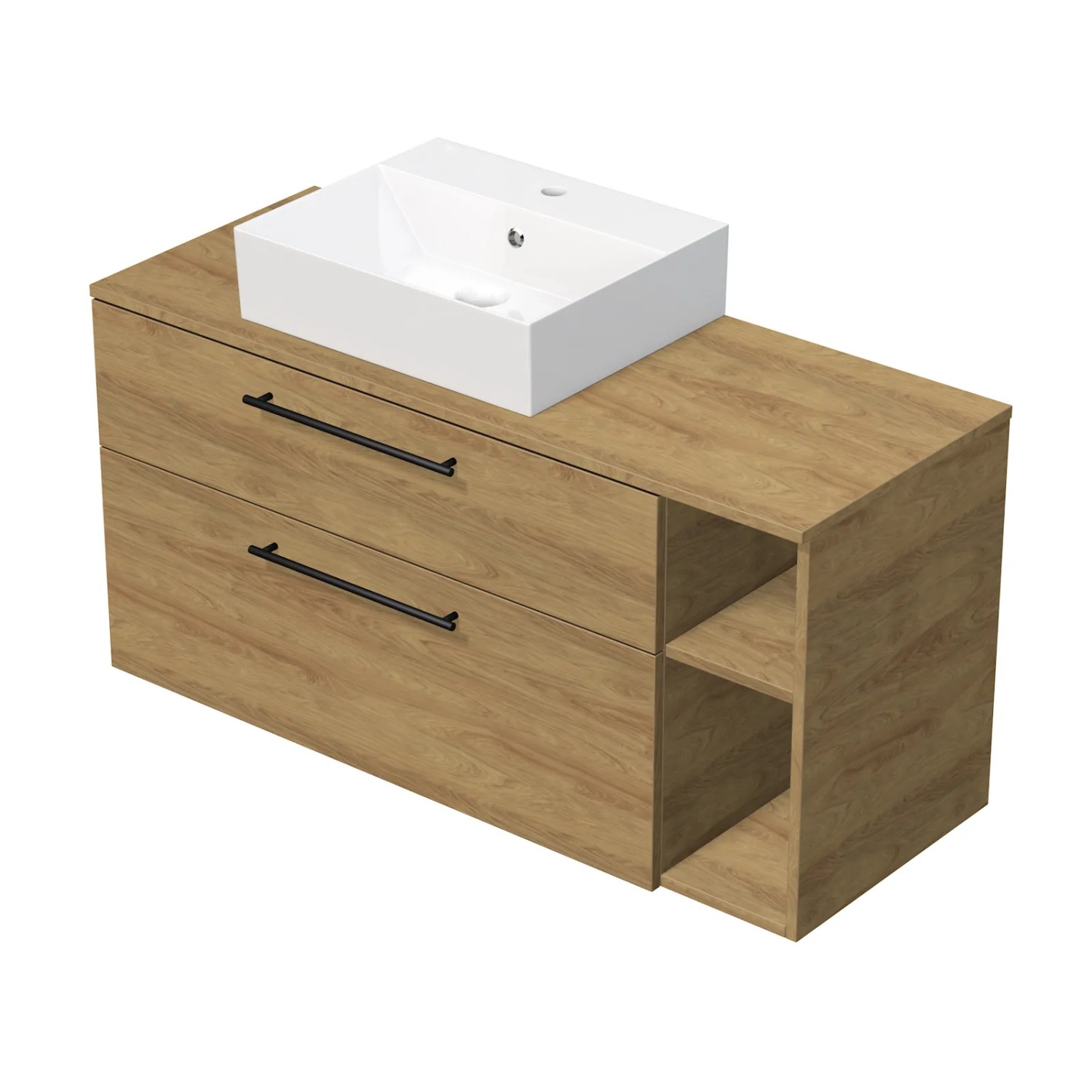 E-shop INTEDOOR Kúpeľ.skriňa+umývadl BEE, úchyt čierny, 120cm, regál vpravo dub Hickory