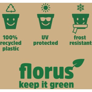 Symboly pre recyklovaný plast, UV ochranu a mrazuvzdornosť nástenného kvetináča Elho.