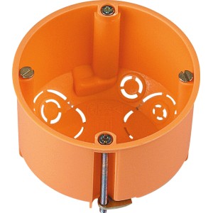 Oranžová krabica do dutých stien Ø 68 mm, hĺbka 61 mm, s upevňovacími pazúrmi a vylamovacími otvormi pre káble.