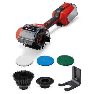 Akumulátorová povrchová kefa Einhell Power X-Change Picobella 18/90 Solo s kefami a podložkami na čistenie povrchov v záhrade.