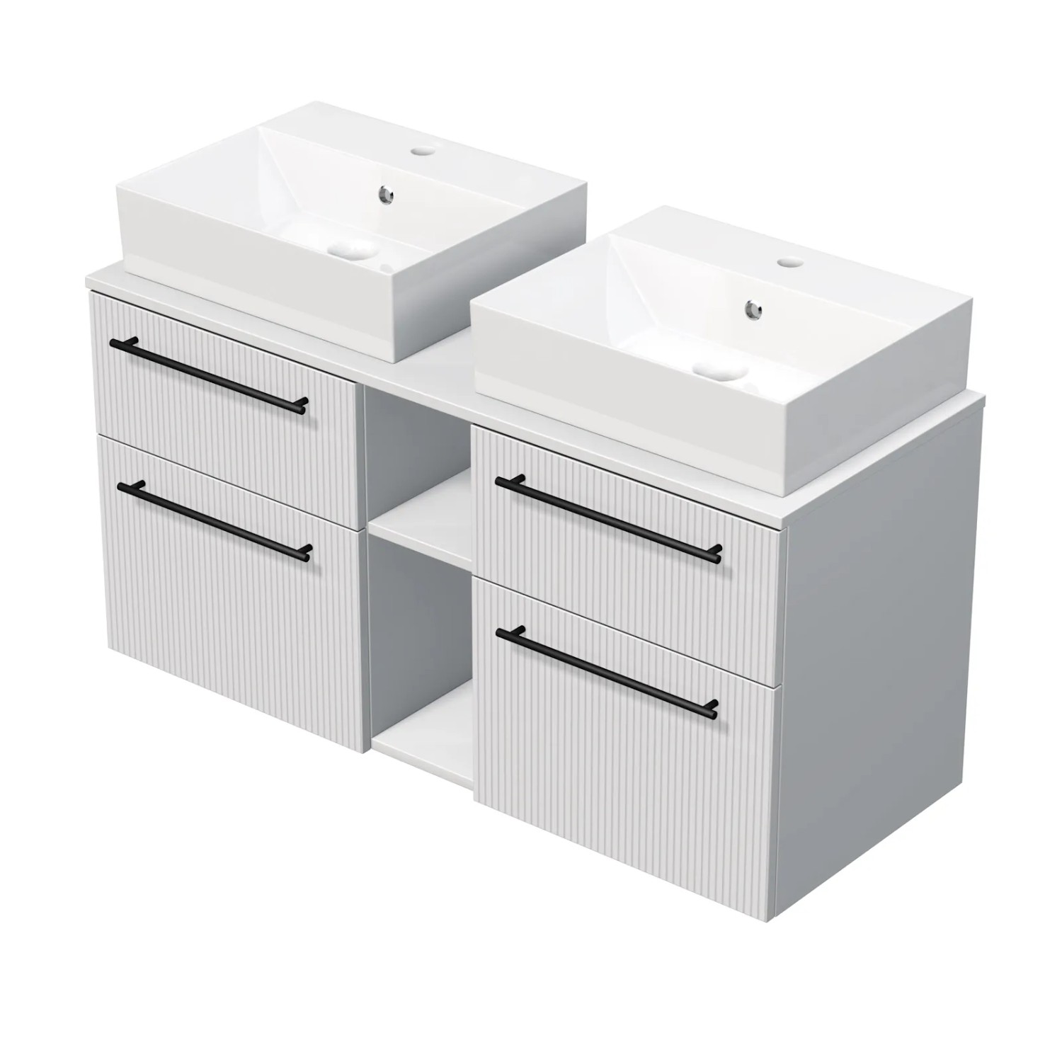 E-shop INTEDOOR Skriňa+2umývadlá BEE, úchyt čierny, š.120cm, regál stred, biela 3Dpruhy