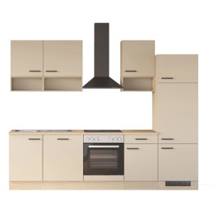 Kuchynská linka Flex-Well Creso 280 cm: matné čelá Cashmere, pracovná doska Provence Oak, čierne úchytky, rúra, drez, digestor.