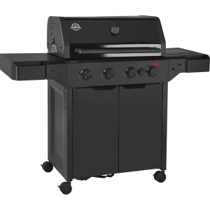 Čierny plynový gril Jamestown Knox II so 4 horákmi, bočnými stolíkmi a skrinkou.
