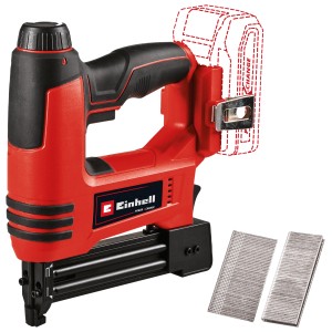 Akumulátorová klincovačka/zošívačka Einhell Power X-Change TE-CN 18 Li Solo, červeno-čierna, s klincami a sponkami. Akumulátorové náradie pre dielňu a hobby.