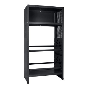 Čierny regál na nápojové prepravky Küpper, 204x91x53 cm, s dvomi policami a úložným priestorom pre prepravky.