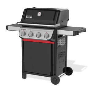 Čierny plynový gril Weber E-410 Spirit 2025 so 4 horákmi a bočnými stolíkmi.