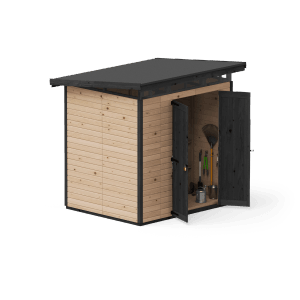 Hnedý záhradný domček Upyard Strongbox L so základom a otvorenými dvojkrídlovými dverami.