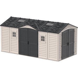 Duramax Apex Pro plastový záhradný domček, 12 m², sivý, s dvojkrídlovými dverami a oknami.