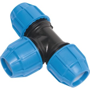 LUX-TOOLS T-kus pre PE rúry (Ø 32 mm) z modrého a čierneho plastu.