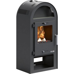 Čierne oceľové krbové kachle, 7,5 kW, so sklenenými dvierkami, horiacim drevom a praktickou ohrievacou zónou.