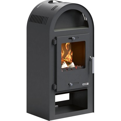 Čierne oceľové krbové kachle, 7,5 kW, so sklenenými dvierkami, horiacim drevom a praktickou ohrievacou zónou.